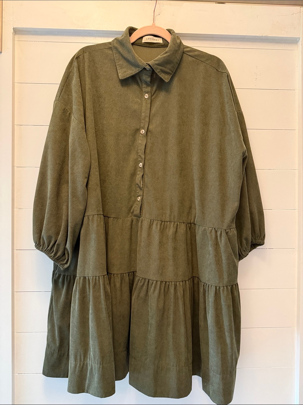 Olive Tiered Button-Front Long Sleeve Corduroy Women’s Dress